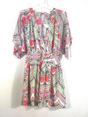 Maeve Anthropologie Graphic Print V-Neck Mini Dress 6 Back Kimono Sleeve Boho